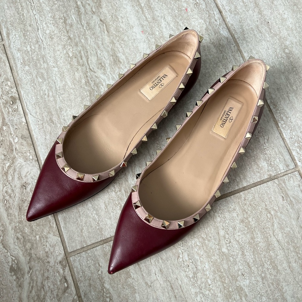 Valentino Garavani Burgundy Flats with Gold Studs
